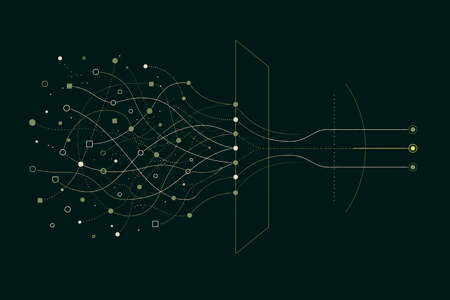 A systems diagram showing fragmented AI initiatives converging through shared decisions, ownership, and evidence into measurable enterprise capability.